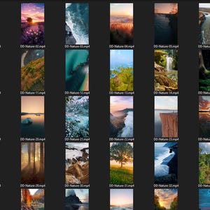 Puede incluir: Una colecci&oacute;n de 36 videoclips con tem&aacute;tica de naturaleza, cada uno con un paisaje &uacute;nico, incluyendo cascadas, monta&ntilde;as, r&iacute;os y bosques. Los clips est&aacute;n dispuestos en formato de cuadr&iacute;cula, con cada clip etiquetado con un t&iacute;tulo y una extensi&oacute;n de archivo.