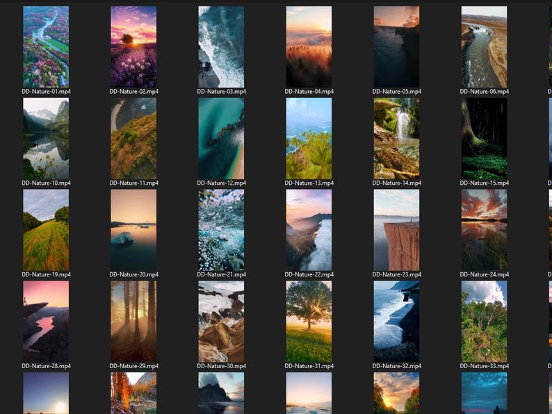 Puede incluir: Una colecci&oacute;n de 36 videoclips con tem&aacute;tica de naturaleza, cada uno con un paisaje &uacute;nico, incluyendo cascadas, monta&ntilde;as, r&iacute;os y bosques. Los clips est&aacute;n dispuestos en formato de cuadr&iacute;cula, con cada clip etiquetado con un t&iacute;tulo y una extensi&oacute;n de archivo.