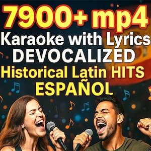 Op de afbeelding: Promotieafbeelding voor karaoke met een man en een vrouw die in microfoons zingen. Tekst bevat "7900+ mp4 Karaoke with Lyrics DEVOCALIZED Historical Latin HITS ESPAÑOL" met muzieknoten en een Spaanse vlag op de achtergrond.