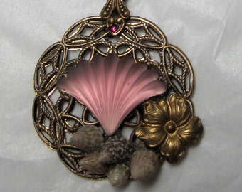 Vintage Brass Medallion With Dusty Rose Art Deco Style Glass Seashell, Raw Brass Flower, and Seashells