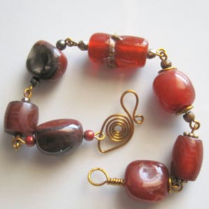 Carnelian, Agate, and Glass Bracelet with Handmade Brass Art Wire Clasp  - 7 Inches Long