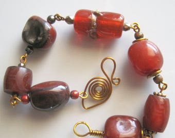 Carnelian, Agate, and Glass Bracelet with Handmade Brass Art Wire Clasp  - 7 Inches Long