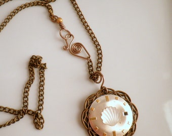 Pendant Necklace Mixed Metals Assemblage With Gent's Watch Face and Art Deco Glass Seashell Steampunk Handmade