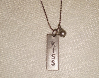 Dog Tag-Style KISS Pendant with Wire Wrapped Vintage Glass Pearl