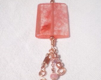 Watermelon Quartz Cherry Quartz and Copper Pendant Necklace Handmade Dangles OOAK