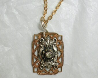 Art Nouveau Victorian Belle Epoch Style Filigree Pendant with Vintage 90s Delicate Crystal Accent