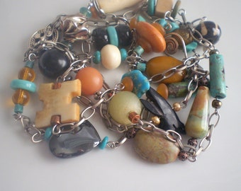 Multi-Stone Necklace, Wrap Bracelet, or Belt of Turquoise, Jasper, Fetish, Bone, Sterling, Hematite, Vintage Glass, and More