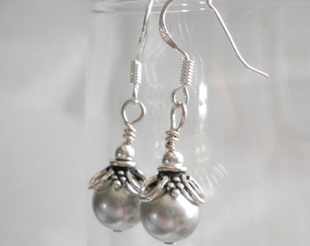 Earrings Vintage 50s Glass Pearl, 925 Sterling Bead Cap and Ear Wires