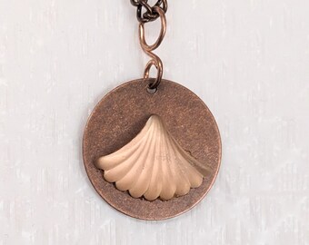 Vintage Handmade Reversible Peach Colored Glass Seashell Pendant with Coin