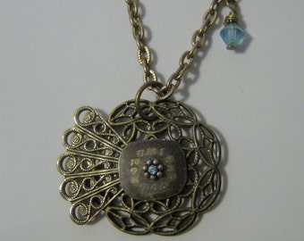 Vintage Watch Face Assemblage Pendant Necklace, Filigree Medallion, 24 Inch Chain