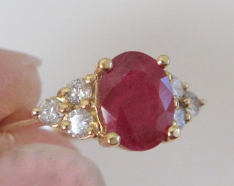 Vintage Mid-Century Natural Ruby and Diamond Engagement Ring Solid 14 Karat Yellow Gold Size 8 1/2 Comes With Appraisal
