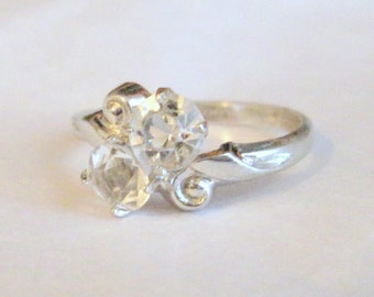 Vintage Gainsboro Sterling Silver and Faux Diamond Moi et Toi Engagement Ring Size 7 Older Cut Stone