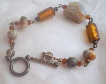 Agate, Jasper, and Glass Bracelet with Glass Accents - 7 Inches Long
