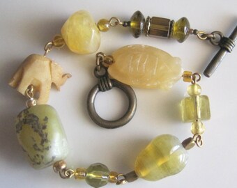 Agate, Glass, Soapstone, and Bone Bracelet with Glass Accents - 7.5 Inches Long