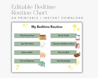 Toddler Bedtime Routine Chart: Editable Canva Template (A4 Printable)