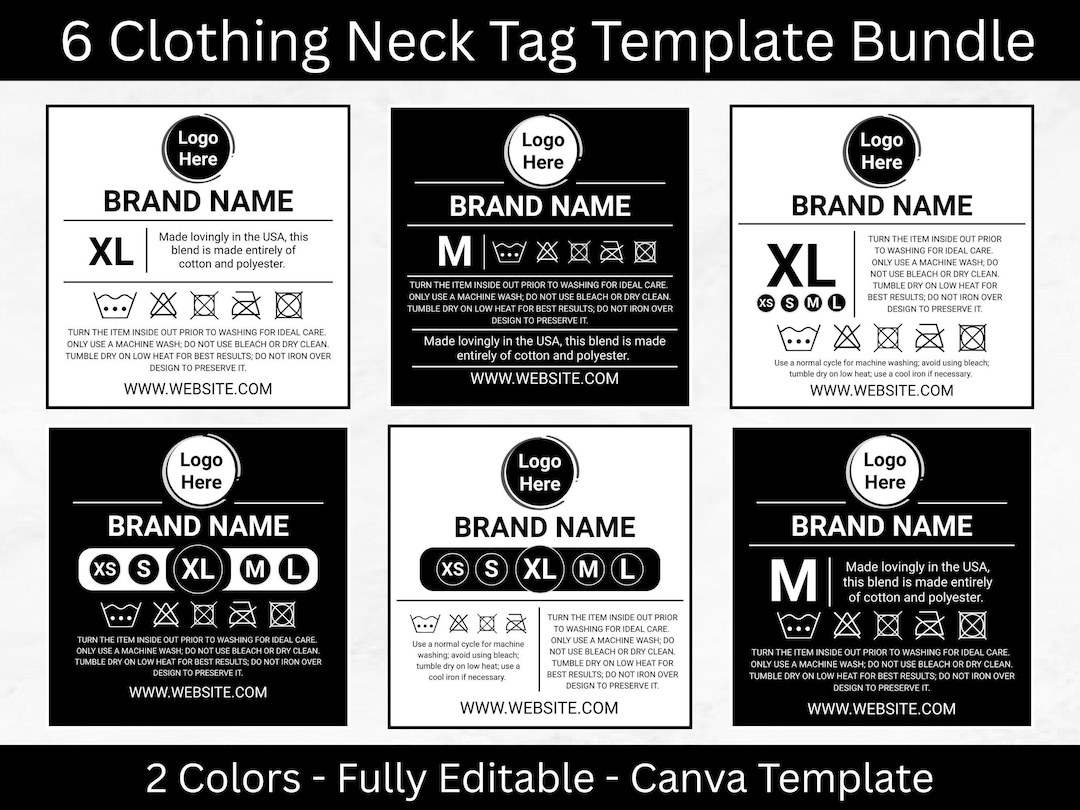 Editable Clothing Neck Tag Bundle, PDF Template Only, Custom Apparel ...