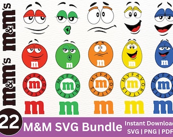 May include: A set of 22 digital SVG files featuring M&M's characters. The designs include various expressions, logos, and the text "My Favorite M&M's".