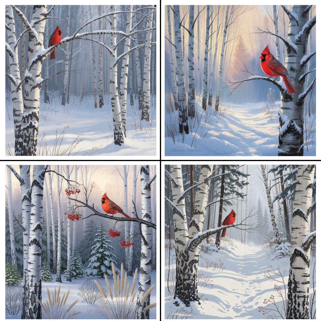 Cardinal Winter Clipart, Birch Tree Forest, JPG & PNG (digital Download ...