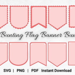May include: Twelve pink bunting flag banners in different shapes, each with a darker pink outline. The text "12 Bunting Flag Banner Bundle" is written in a decorative script. The image also includes "SVG | PNG | PDF | Instant Download."
