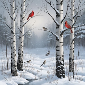 Peut inclure: Peinture de paysage hivernal avec des bouleaux à l'écorce noire et blanche, des branches enneigées et un chemin menant au loin. Plusieurs cardinaux rouges et de petits oiseaux bruns se perchent sur les branches. Il neige.