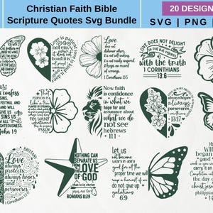 May include: A digital SVG bundle featuring 20 designs with Christian scripture quotes. The designs include butterflies, hearts, flowers, and stars, all in a dark green color. The text includes Bible verses and inspirational messages.