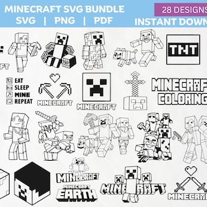 Peut inclure: Ensemble de 28 motifs SVG Minecraft en noir et blanc, avec des personnages, des logos et du texte comme "TNT" et "Minecraft Coloring". Téléchargement instantané en formats SVG, PNG et PDF. Contient le texte "Minecraft SVG Bundle".