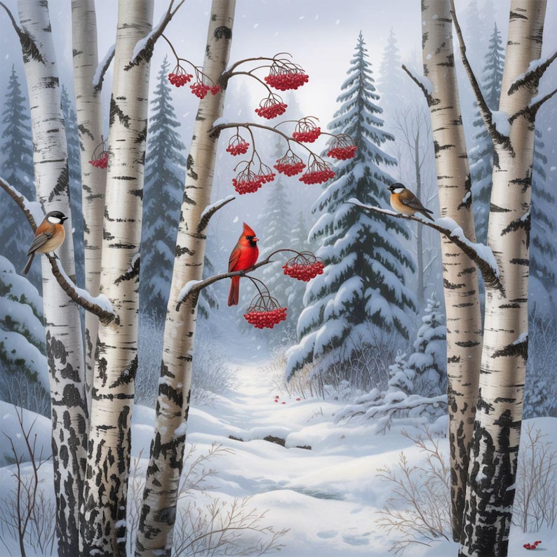 Cardinal Winter Clipart, Birch Tree Forest, JPG & PNG (digital Download ...