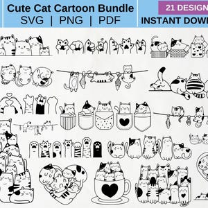Peut inclure: Illustration en noir et blanc de divers dessins animés de chats mignons. L'image comprend différents modèles de chats, comme des chats dans des poches, sur une corde à linge et en forme de cœur. Le texte en haut indique "Cute Cat Cartoon Bundle" et "21 DESIGNS".