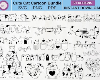 Kawaii Cat Cartoon Bundle Animals with Flowers, Leaves, SVG for Cut File, Hand-drawn Animals, PNG, and SVG for Cricut Silhouette, and Comes