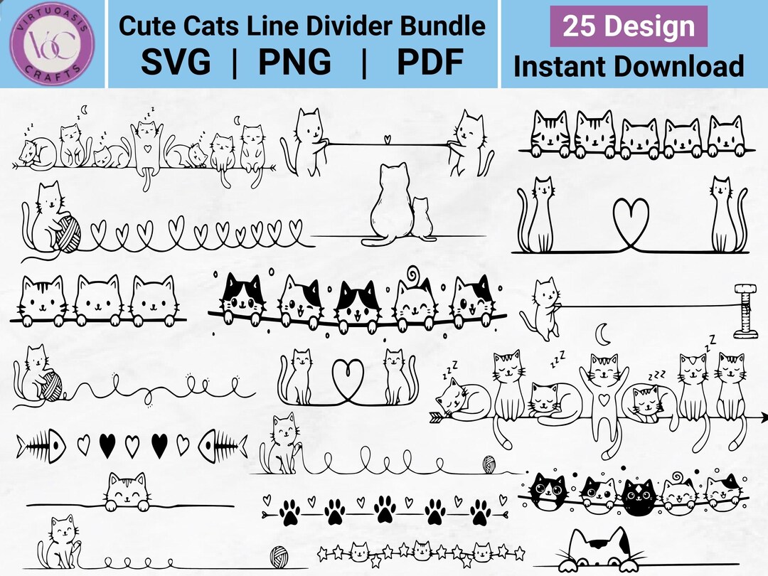 Cute Cats Line Divider SVG Bundle, Cat Divider SVG PNG, Kawaii Cat ...