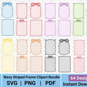 May include: A digital clipart bundle featuring 64 designs of wavy striped frames in various colors, including blue, pink, yellow, and green. Each frame has a bow or decorative edge. The bundle includes SVG, PNG, and PDF formats.