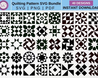 Puede incluir: Gráfico de descarga digital con 40 diseños de patrones de acolchado en formatos SVG, PNG y PDF. Los patrones son en blanco y negro, mostrando varias formas geométricas y diseños de estrellas. El texto "Quilting Pattern SVG Bundle" está en la parte superior.