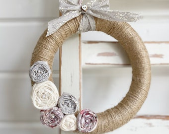 Rustic twine wreath with Liberty fabric flowers and bow