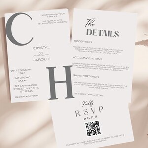 Conjunto de invitaciones de boda minimalistas: RSVP con código QR moderno (plantilla de Canva)