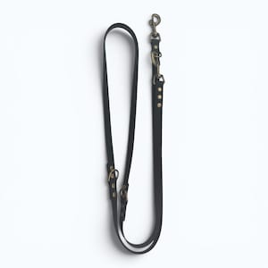 May include: A black dog lead featuring a long strap with two adjustable metal D-rings and a swivel snap hook at the top. The lead is constructed with reinforced rivets securing the hardware, providing a functional design for pet walking.