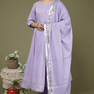Muslin Elegant Lavender Embroidered Cotton Anarkali Suit with Dupatta