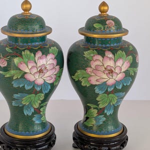 2 Antique Chinese Brass Cloisonné Vase Green Asian Enamel Vase
