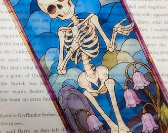 Stained Glass Skeleton Bookmark: Halloween, Whimsical, Transparent, Witchy