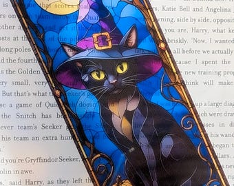 Stained Glass Cat with a Hat Bookmark: Halloween, Whimsical, Transparent, Witchy