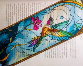Hummingbird Stained Glass Style Bookmark: Peacock, Flamingo
