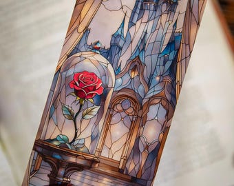 Beauty and the Beast–Inspired Stained Glass Rose & Castle Bookmark – Transparent