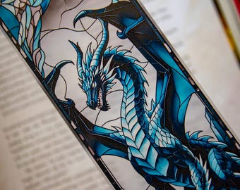 Marque-page style vitrail dragon bleu : cadeau pour les amateurs de livres fantastiques