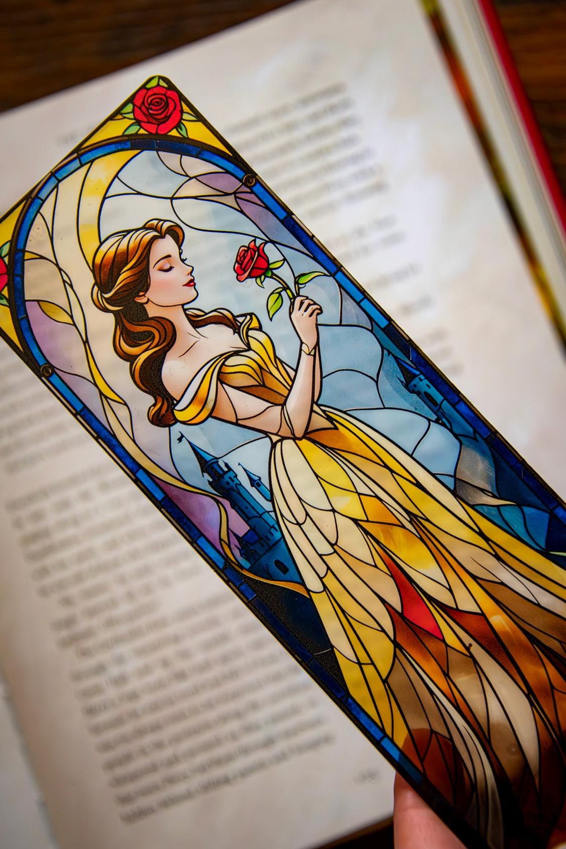 Beauty and the Beast Bookmark: Stained Glass Style, Rose, Fairy Tale Gift