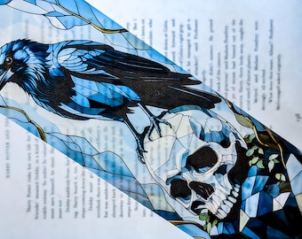 Crow and Skull Bookmark: Gothic Stained Glass Style, Dark Academia