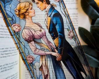 Pride and Prejudice Bookmark in Stained Glass Style: Literary Romance, Elizabeth, Mr. Darcy