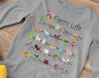 Farm Life Alphabet Long Sleeve Tee, Toddler Farm ABC Long Sleeve Shirt,  A-Z Farm Animal Shirt, Toddler on the Farm Long Sleeve Shirt