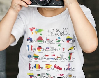 世界の国アルファベット幼児用Tシャツ、世界の国々幼児用シャツ、幼児用地理シャツ、幼児用世界探検ABCシャツ