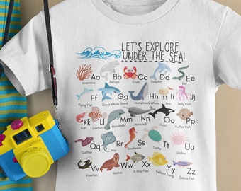Onder de Zee Oceaan Dieren Alfabet Shirt, Sea Creatures ABC Peuter T-shirt, Peuter Alfabet Tee, Peuter ABC Shirt, Onder de Zee Shirt