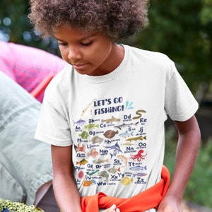 Let&#39;s Go Fishing!  Fish Alphabet Shirt for Kids, Kids Fishing ABC Shirt, Father&#39;s Day Fishing Shirt for Kids, Fishing Lover Tee for Kids