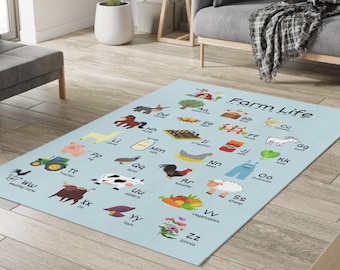 Farm Alphabet Kids Room Throw Rug, Farm Life ABC Rug for Classroom, Farm Alphabet ABC Rug for Nursery, Farm Theme Kids Rug, Kindergarten Rug